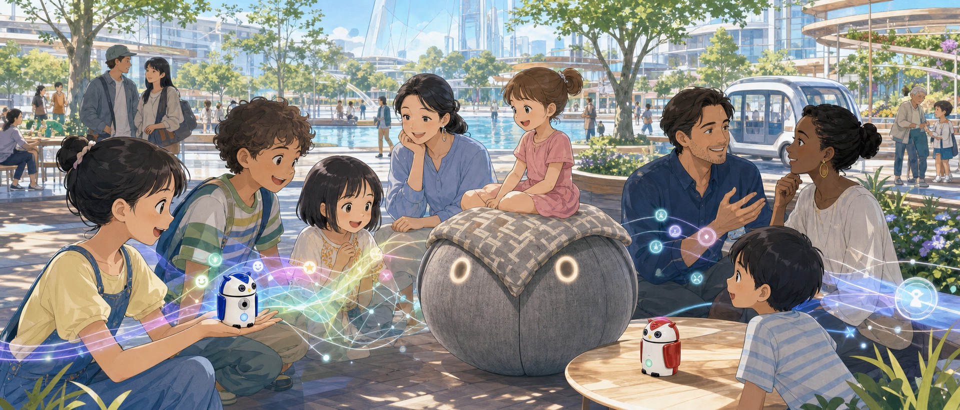 親子や大人が、やわらかいエアロボット ZUKKU BALLを囲んで会話するイメージ